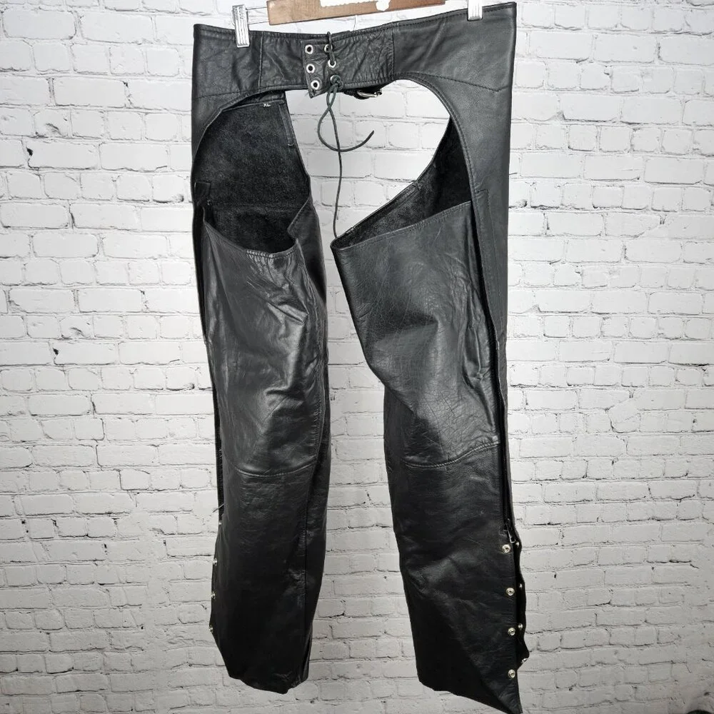 Interstate Leather Black Belted Zip Snap Motorcycle Gear Chaps Pants Size XL